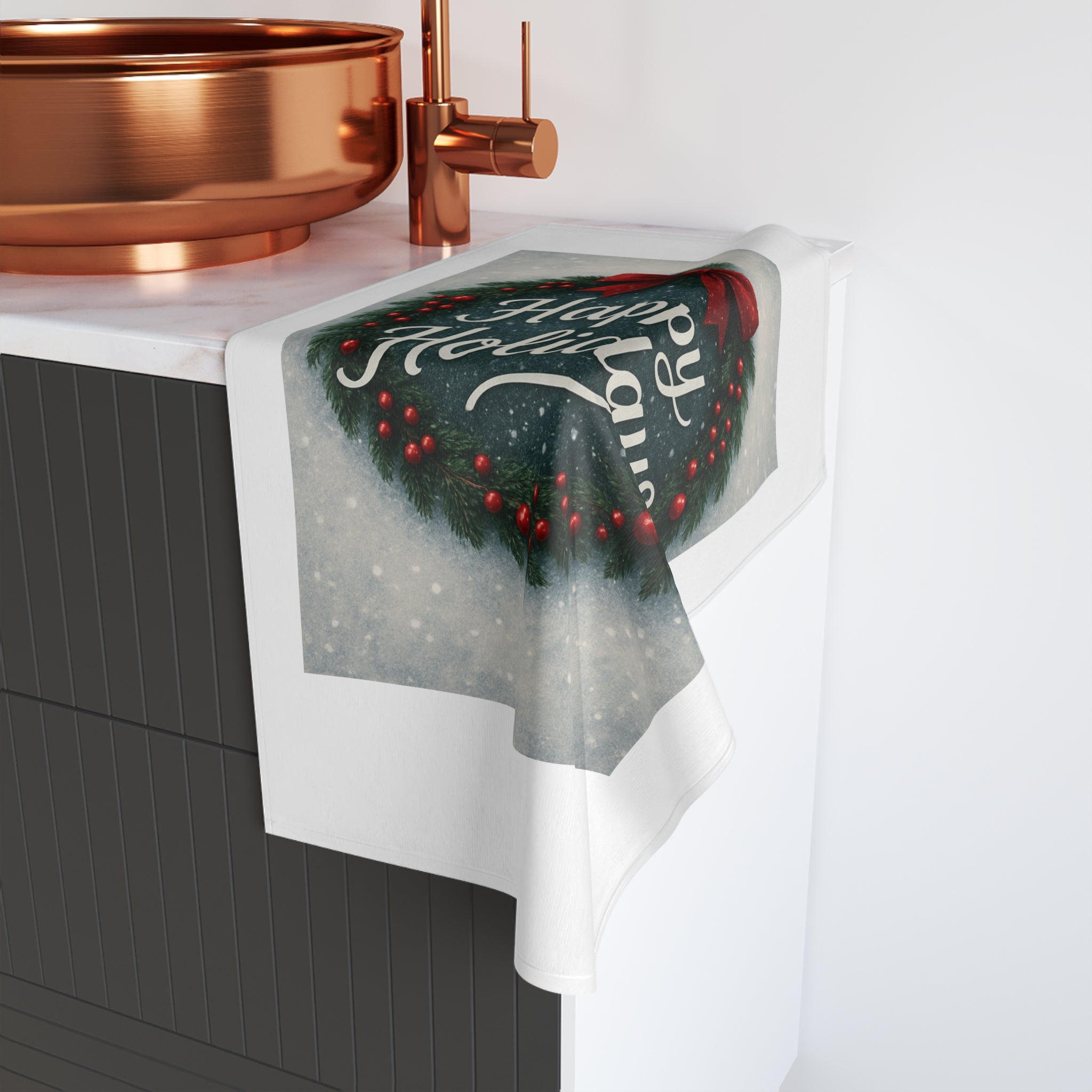 Happy Holidays Wreath Hand Towel — Festive Christmas Decor & Guest Towel