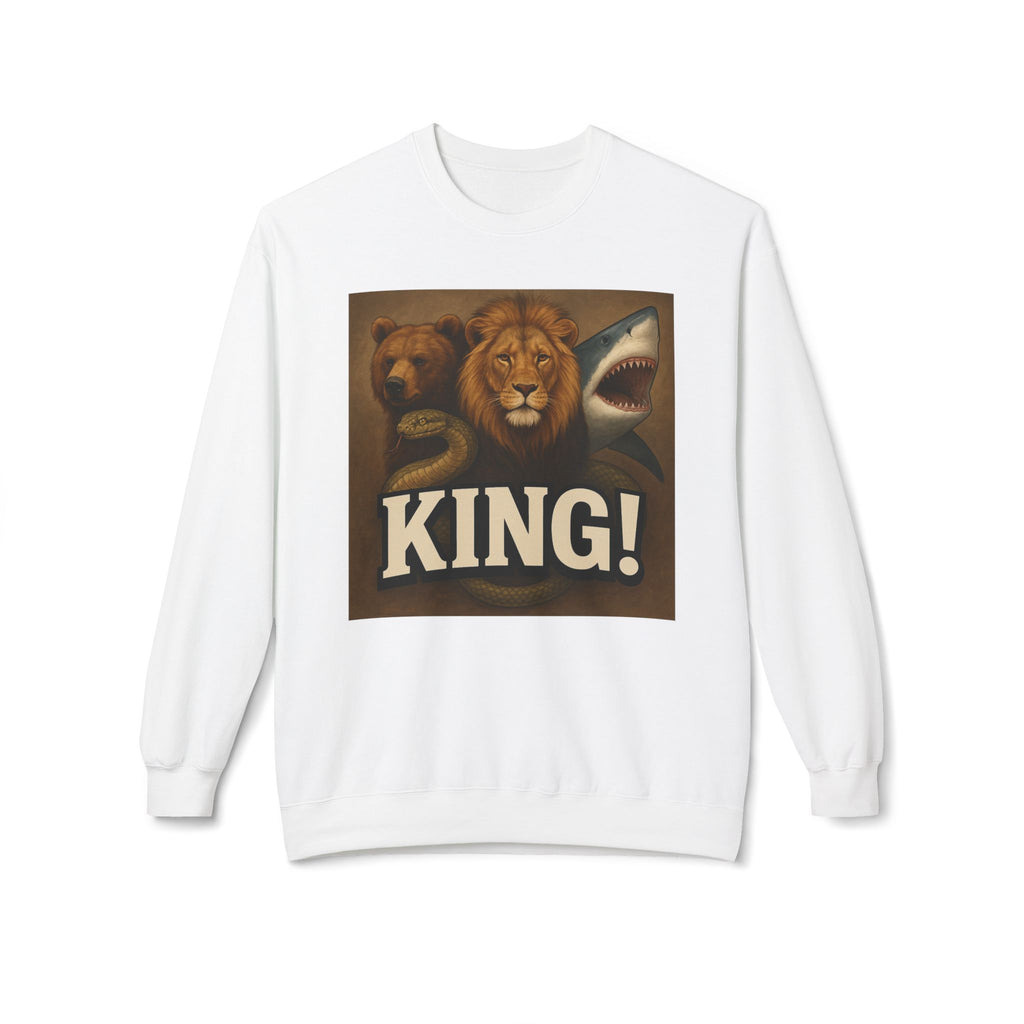 Crewneck Sweatshirt — 'KING!' Wildlife Trio Lion Bear Shark Vintage Graphic