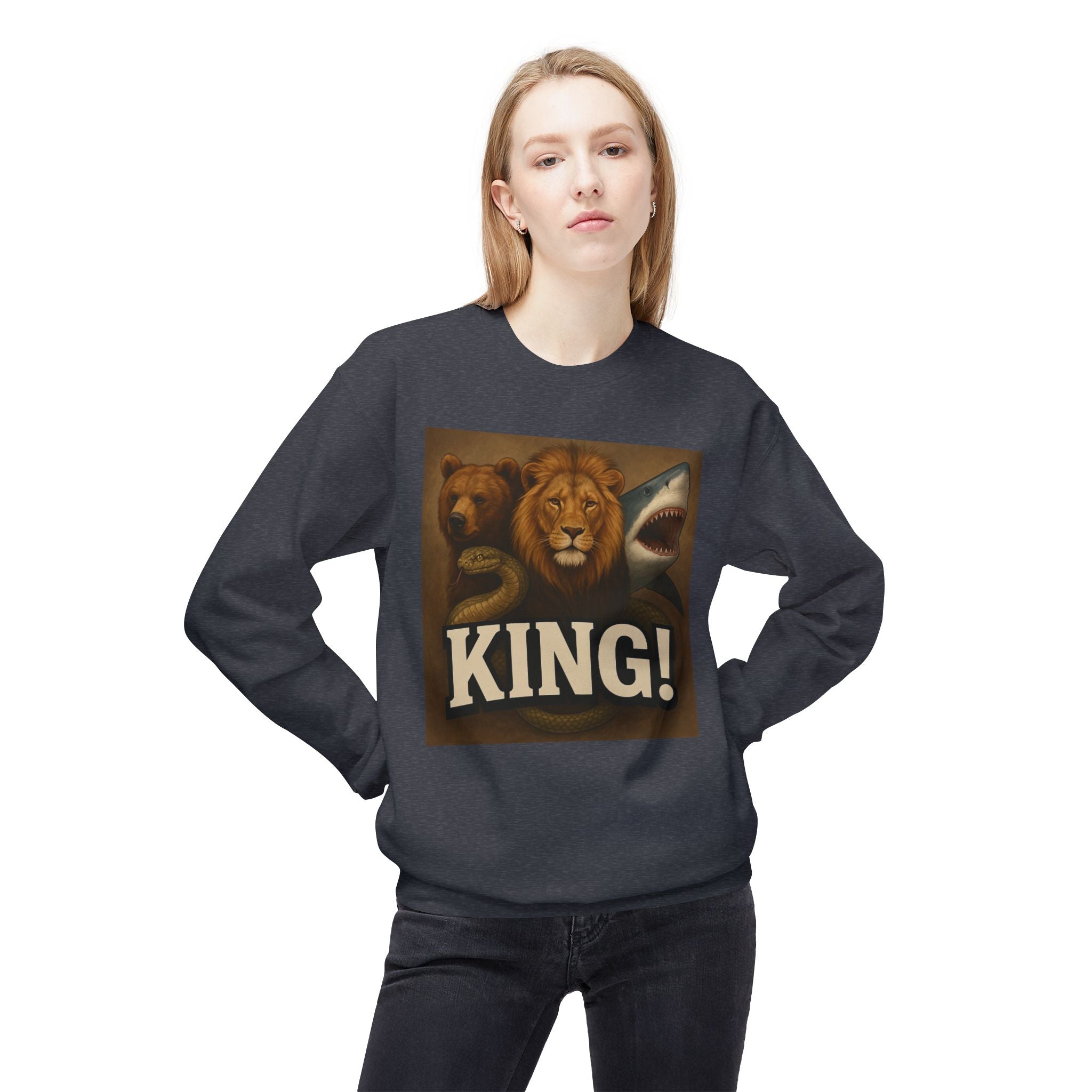 Crewneck Sweatshirt — 'KING!' Wildlife Trio Lion Bear Shark Vintage Graphic