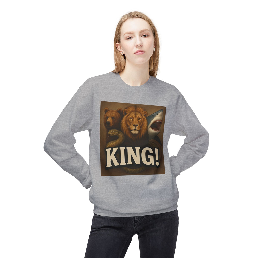 Crewneck Sweatshirt — 'KING!' Wildlife Trio Lion Bear Shark Vintage Graphic