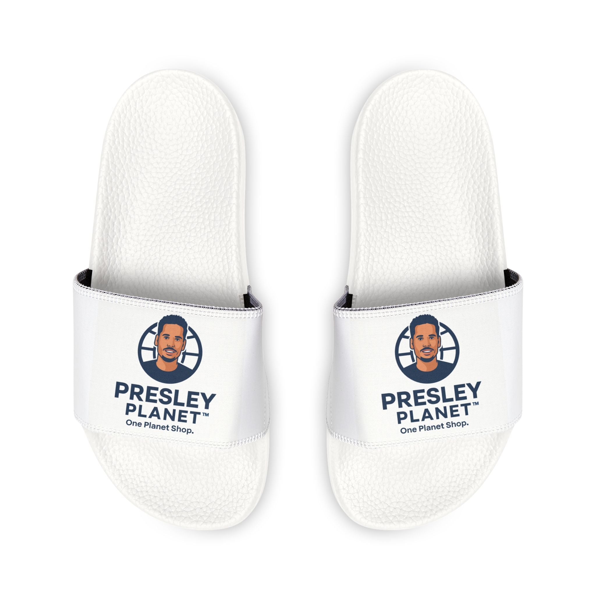 Men's Removable-Strap Slides — Custom Presley Planet Logo White Pool & Shower Sandals