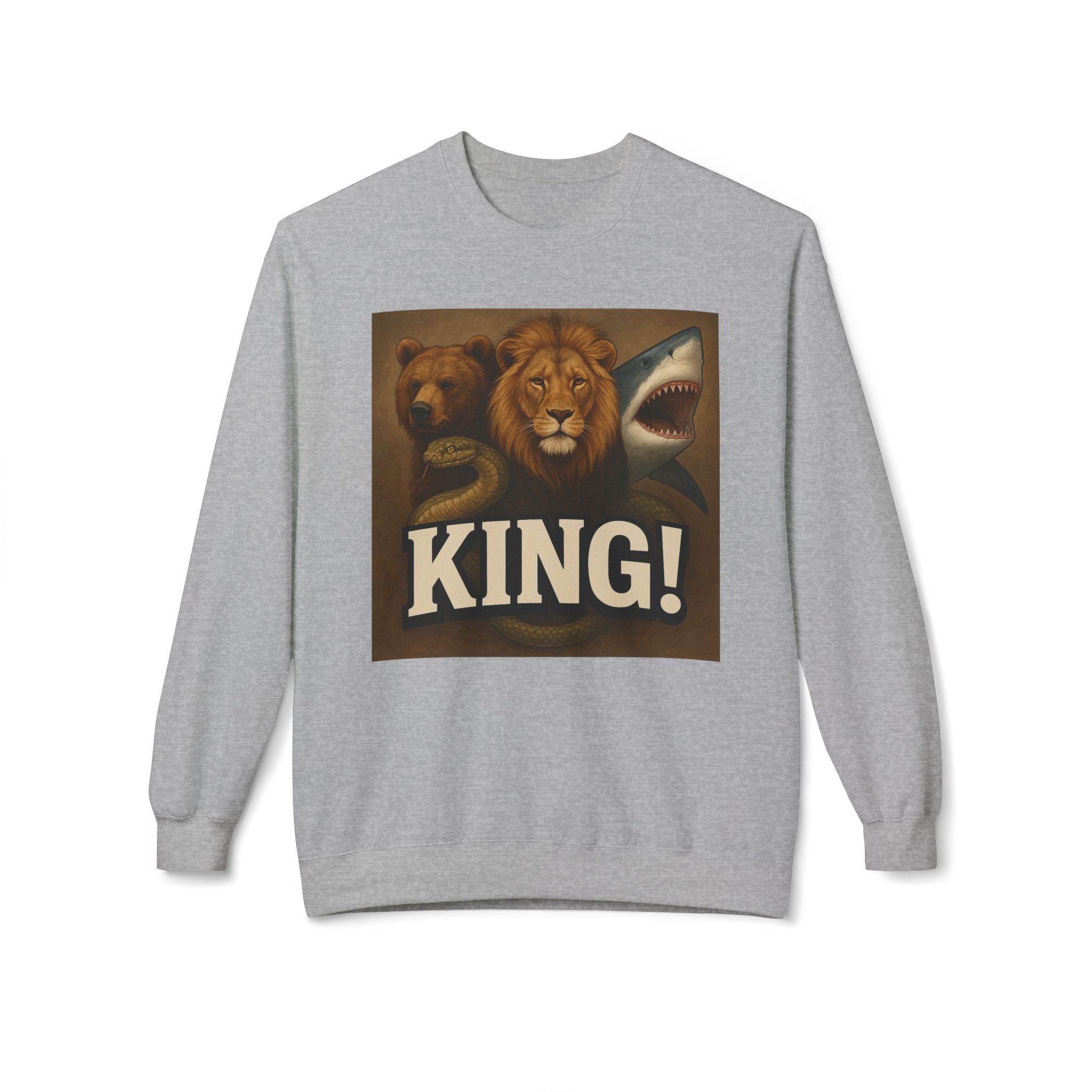 Crewneck Sweatshirt — 'KING!' Wildlife Trio Lion Bear Shark Vintage Graphic