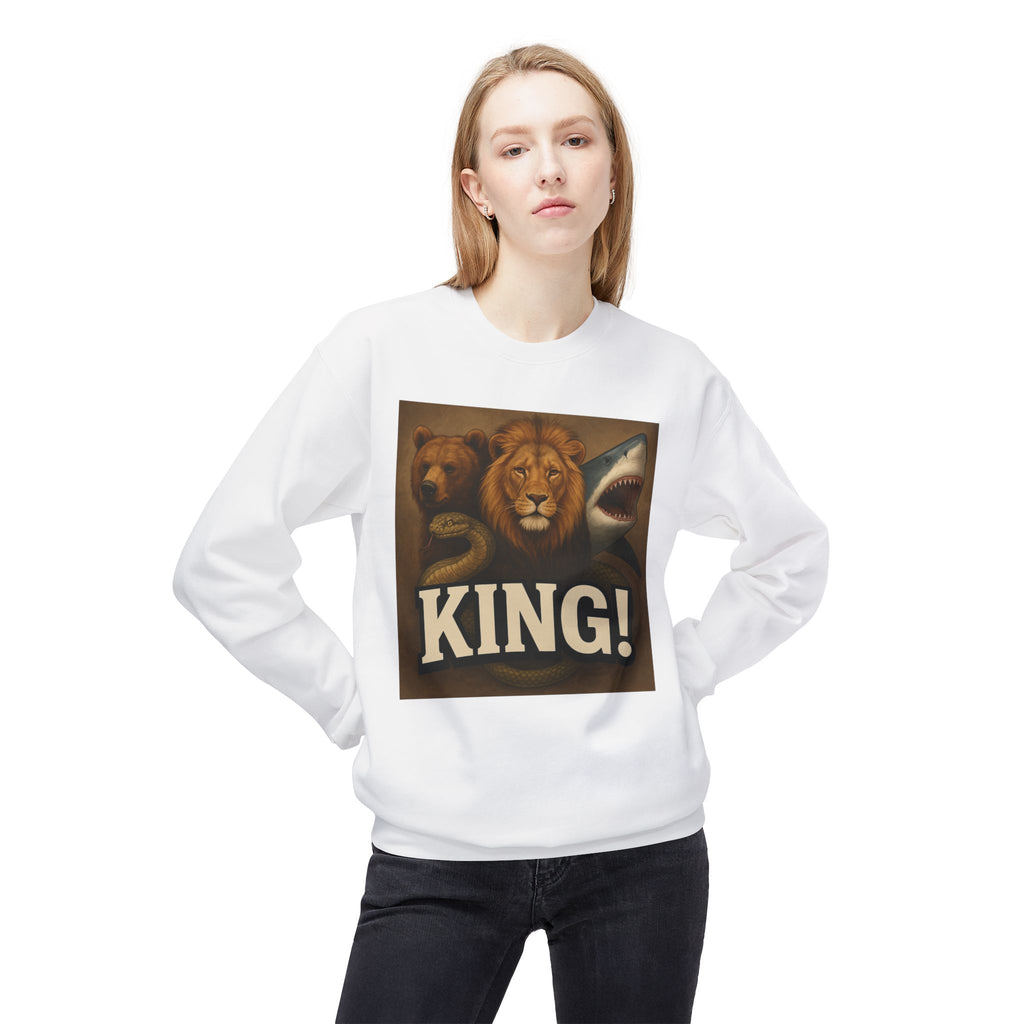 Crewneck Sweatshirt — 'KING!' Wildlife Trio Lion Bear Shark Vintage Graphic