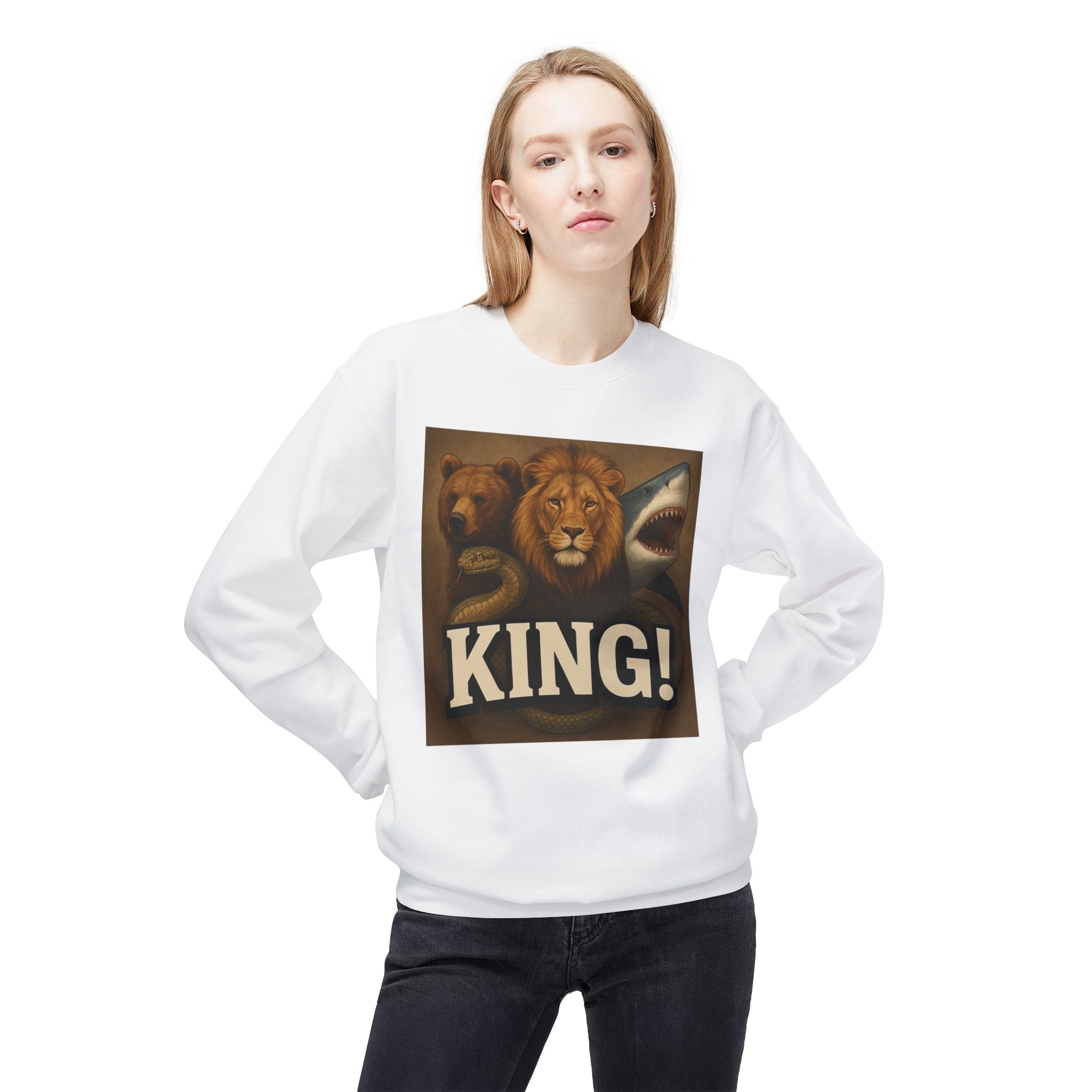Crewneck Sweatshirt — 'KING!' Wildlife Trio Lion Bear Shark Vintage Graphic
